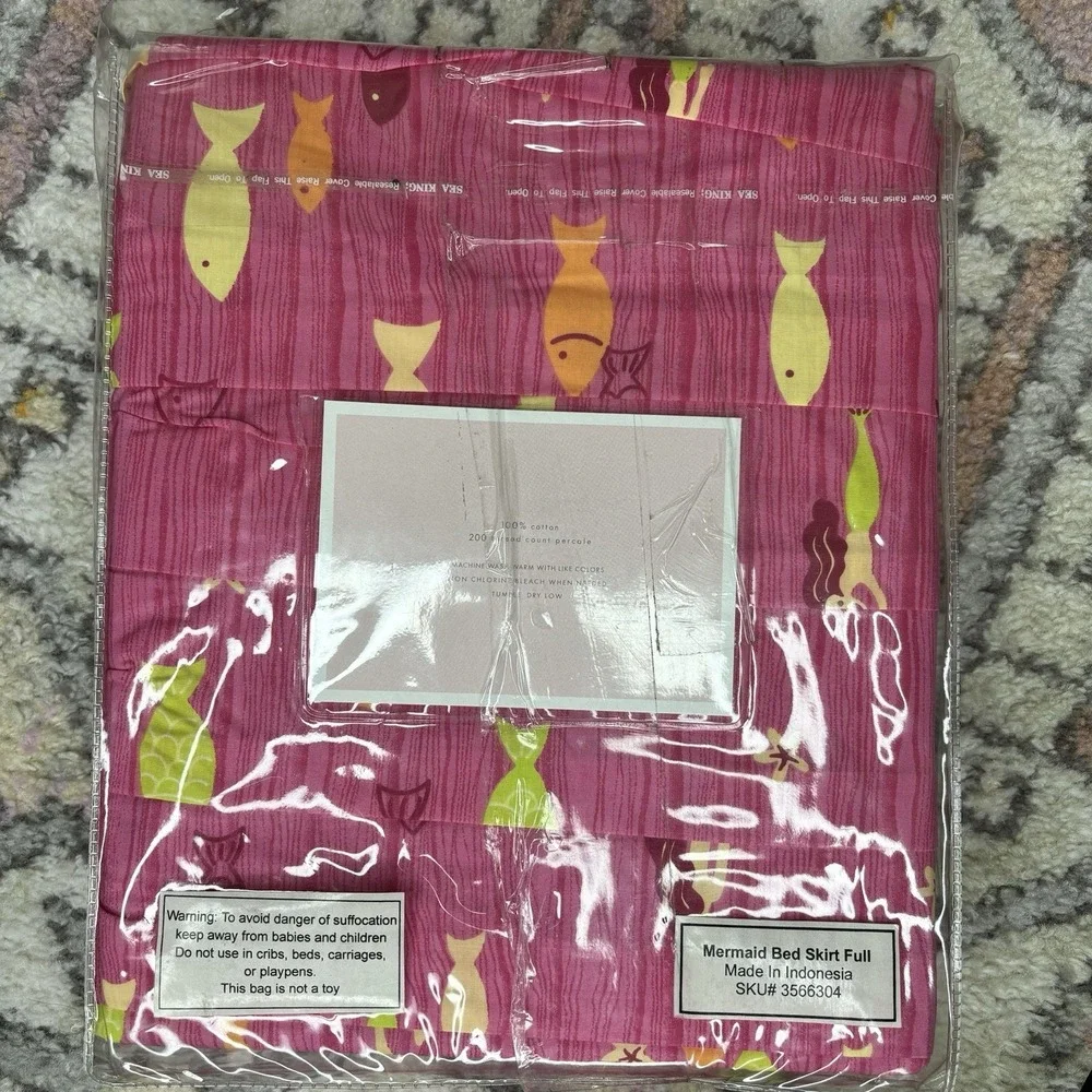 Pottery Barn Kids Mermaid Full Bed Skirt Fish Pink New 100% Cotton Whimsy Decor